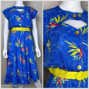 Vintage 1980s Tropical Blue Floral Dress with Cut Out, Impromptu Size Medium